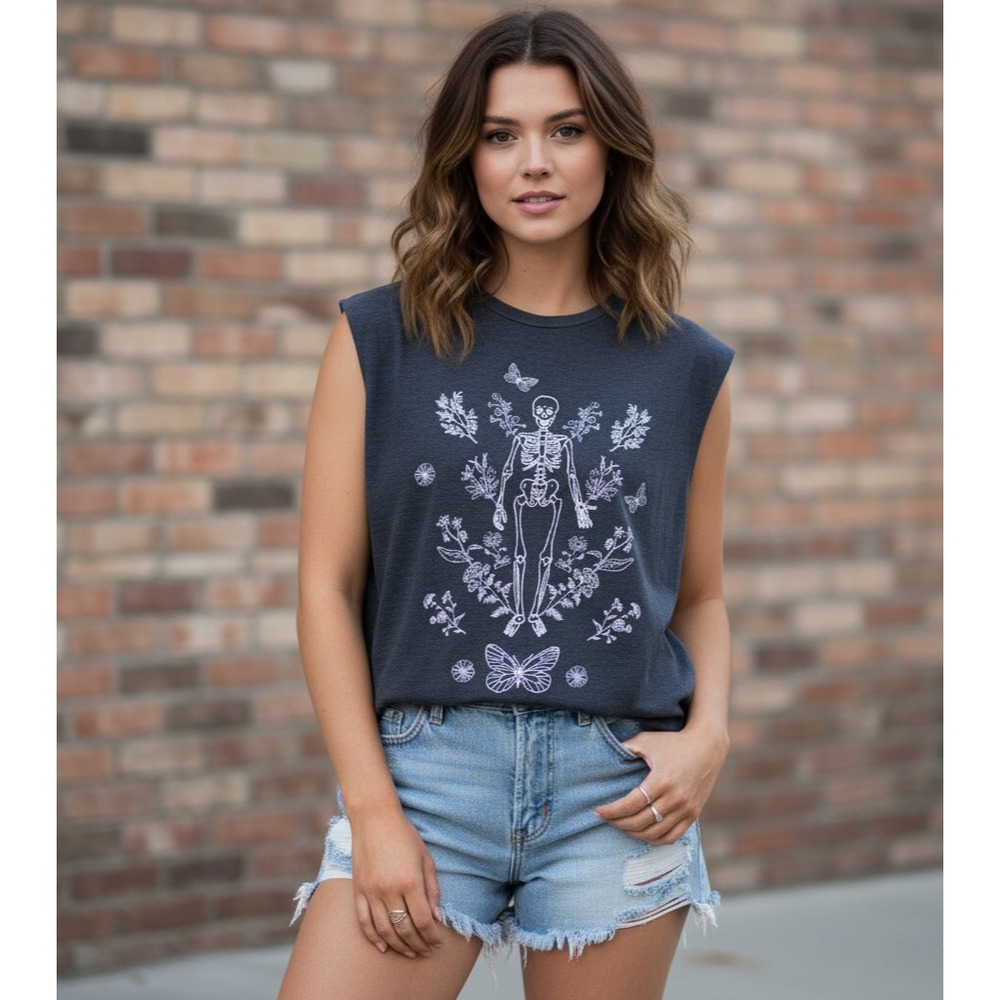 Obsessive Love Floral Skeleton Muscle Top Women's L Gray Grunge‎ Goth Festival